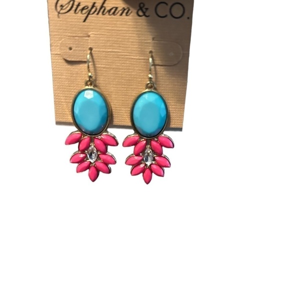 Stephan & CO. Blue, Pink, and Rhinestone Drop Earrings w/ Goldtone Medal Rim - Picture 4 of 6
